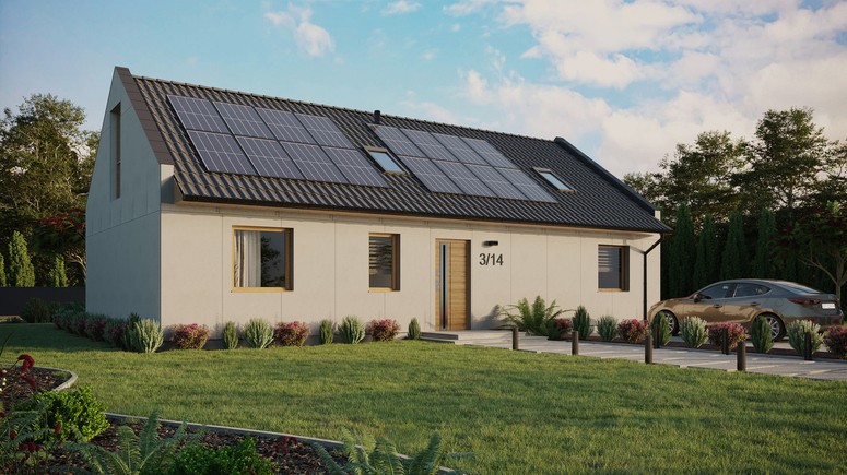 Projekt ERDOL 3 XL - Wersja prawa (salon po prawej stronie) - Dwuspadowy nowoczesny z poddaszem użytkowym – kąt nachylenia 35 stopni - Dwa okna dachowe pokojowe - Okna na poddaszu do podłogi - Bez styropianu, siatki i kleju - Winchester - Instalacja fotowoltaiczna 6,4 kWp (16 paneli)