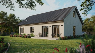 Projekt ERDOL 3 XL - Wersja lewa (salon po lewej stronie) - Dwuspadowy z poddaszem użytkowym – kąt nachylenia 35 stopni - Okno dachowe pokojowe i łazienkowe - Okno balkonowe w jadalni - Bez styropianu, siatki i kleju - Antracyt - Bez instalacji fotowoltaicznej