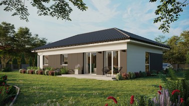 Projekt ERDOL 3 XL - Wersja lewa (salon po lewej stronie) - Czterospadowy bez poddasza użytkowego – kąt nachylenia 25 stopni - Bez okien/świetlików dachowych - Okno balkonowe w jadalni - Styropian, siatka i klej - Biały