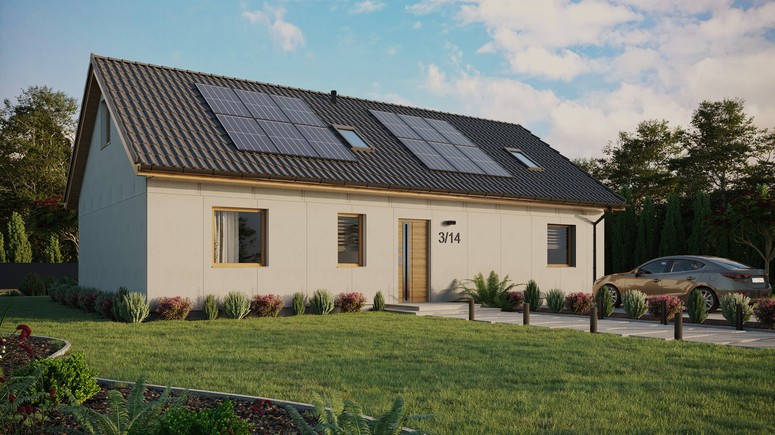 Projekt ERDOL 3 XL - Wersja prawa (salon po prawej stronie) - Dwuspadowy z poddaszem użytkowym – kąt nachylenia 35 stopni - Dwa okna dachowe pokojowe i okno dachowe łazienkowe - Okna standardowe - Bez styropianu, siatki i kleju - Winchester - Instalacja fotowoltaiczna 4,8 kWp (12 paneli)