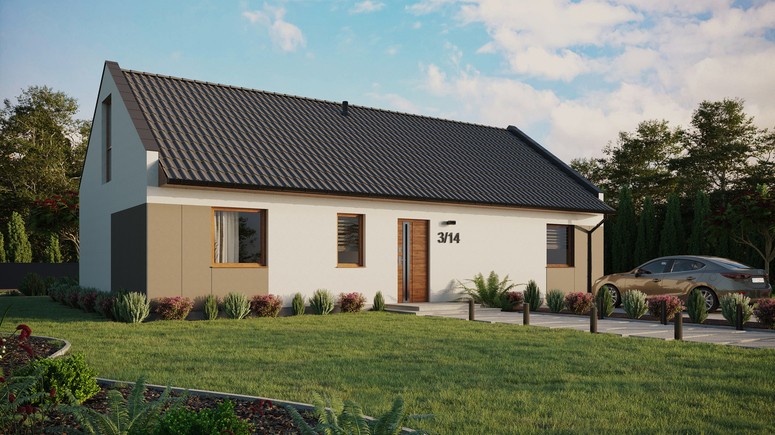 Projekt ERDOL 3 XL - Wersja prawa (salon po prawej stronie) - Dwuspadowy nowoczesny z poddaszem użytkowym – kąt nachylenia 35 stopni - Bez okien/świetlików dachowych - Okno balkonowe w jadalni i okna na poddaszu do podłogi - Styropian, siatka i klej - Złoty dąb - Bez instalacji fotowoltaicznej