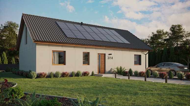 Projekt ERDOL 3 XL - Wersja prawa (salon po prawej stronie) - Dwuspadowy z poddaszem użytkowym – kąt nachylenia 35 stopni - Bez okien/świetlików dachowych - Okno balkonowe w jadalni i okna na poddaszu do podłogi - Bez styropianu, siatki i kleju - Złoty dąb - Instalacja fotowoltaiczna 6,4 kWp (16 paneli)