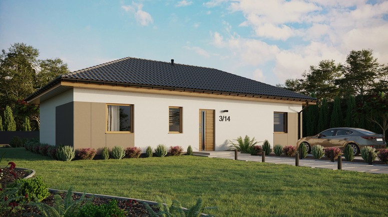 Projekt ERDOL 3 XL - Wersja prawa (salon po prawej stronie) - Czterospadowy bez poddasza użytkowego – kąt nachylenia 25 stopni - Bez okien/świetlików dachowych - Okna standardowe - Styropian, siatka i klej - Winchester