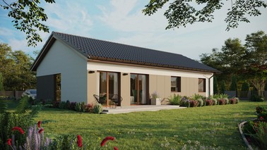 Projekt ERDOL 3 XL - Wersja prawa (salon po prawej stronie) - Dwuspadowy bez poddasza użytkowego – kąt nachylenia 25 stopni - Bez okien/świetlików dachowych - Okno balkonowe w jadalni - Styropian, siatka i klej - Orzech - Bez instalacji fotowoltaicznej