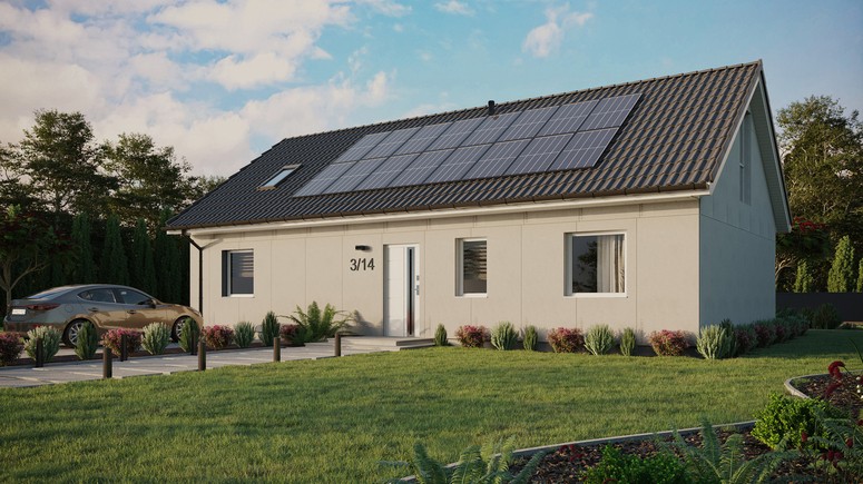 Projekt ERDOL 3 XL - Wersja lewa (salon po lewej stronie) - Dwuspadowy z poddaszem użytkowym – kąt nachylenia 35 stopni - Okno dachowe pokojowe i łazienkowe - Okna na poddaszu do podłogi - Bez styropianu, siatki i kleju - Biały - Instalacja fotowoltaiczna 6,4 kWp (16 paneli)