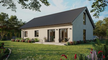 Projekt ERDOL 3 XL - Wersja lewa (salon po lewej stronie) - Dwuspadowy z poddaszem użytkowym – kąt nachylenia 35 stopni - Bez okien/świetlików dachowych - Okno balkonowe w jadalni i okna na poddaszu do podłogi - Bez styropianu, siatki i kleju - Antracyt - Bez instalacji fotowoltaicznej