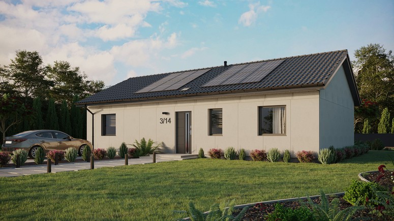 Projekt ERDOL 3 XL - Wersja lewa (salon po lewej stronie) - Dwuspadowy bez poddasza użytkowego – kąt nachylenia 25 stopni - Świetlik dachowy - Okno balkonowe w jadalni - Bez styropianu, siatki i kleju - Antracyt - Instalacja fotowoltaiczna 4,8 kWp (12 paneli)