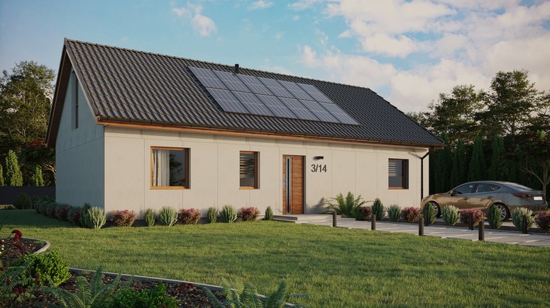 Projekt ERDOL 3 XL - Wersja prawa (salon po prawej stronie) - Dwuspadowy z poddaszem użytkowym – kąt nachylenia 35 stopni - Bez okien/świetlików dachowych - Okna na poddaszu do podłogi - Bez styropianu, siatki i kleju - Złoty dąb - Instalacja fotowoltaiczna 4,8 kWp (12 paneli)