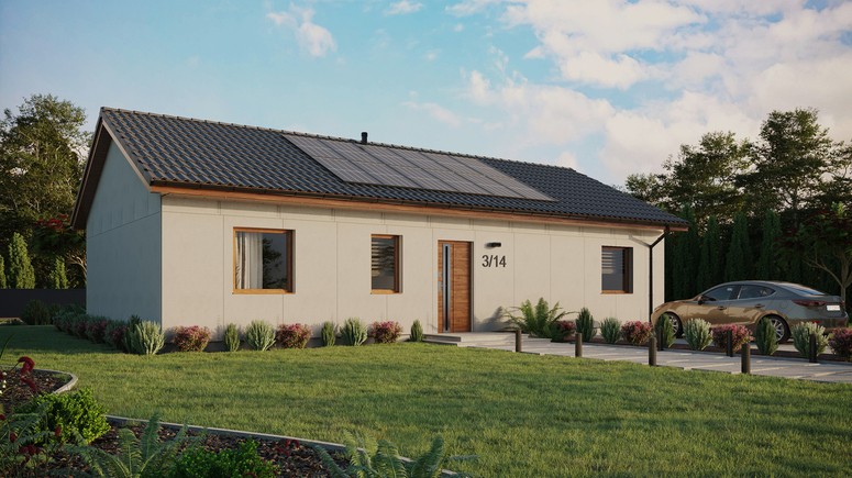 Projekt ERDOL 3 XL - Wersja prawa (salon po prawej stronie) - Dwuspadowy bez poddasza użytkowego – kąt nachylenia 25 stopni - Bez okien/świetlików dachowych - Okna standardowe - Bez styropianu, siatki i kleju - Złoty dąb - Instalacja fotowoltaiczna 4,8 kWp (12 paneli)