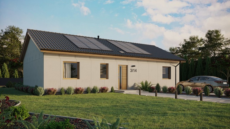 Projekt ERDOL 3 XL - Wersja prawa (salon po prawej stronie) - Dwuspadowy bez poddasza użytkowego – kąt nachylenia 25 stopni - Świetlik dachowy - Okna standardowe - Bez styropianu, siatki i kleju - Winchester - Instalacja fotowoltaiczna 4,8 kWp (12 paneli)