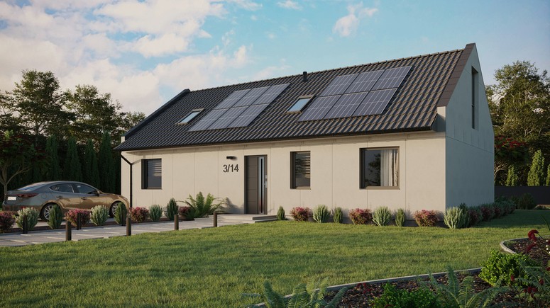 Projekt ERDOL 3 XL - Wersja lewa (salon po lewej stronie) - Dwuspadowy nowoczesny z poddaszem użytkowym – kąt nachylenia 35 stopni - Dwa okna dachowe pokojowe - Okno balkonowe w jadalni i okna na poddaszu do podłogi - Bez styropianu, siatki i kleju - Antracyt - Instalacja fotowoltaiczna 4,8 kWp (12 paneli)