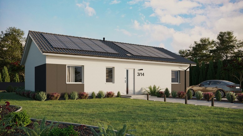 Projekt ERDOL 3 XL - Wersja prawa (salon po prawej stronie) - Dwuspadowy bez poddasza użytkowego – kąt nachylenia 25 stopni - Świetlik dachowy - Okno balkonowe w jadalni - Styropian, siatka i klej - Biały - Instalacja fotowoltaiczna 8,0 kWp (20 paneli)