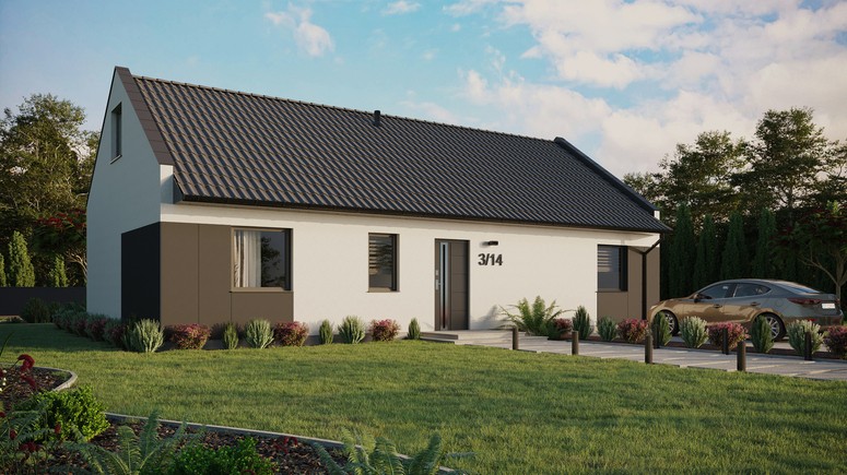 Projekt ERDOL 3 XL - Wersja prawa (salon po prawej stronie) - Dwuspadowy nowoczesny z poddaszem użytkowym – kąt nachylenia 35 stopni - Bez okien/świetlików dachowych - Okna standardowe - Styropian, siatka i klej - Antracyt - Bez instalacji fotowoltaicznej