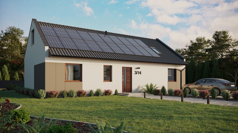 Projekt ERDOL 3 XL - Wersja prawa (salon po prawej stronie) - Dwuspadowy nowoczesny z poddaszem użytkowym – kąt nachylenia 35 stopni - Okno dachowe pokojowe i łazienkowe - Okna standardowe - Styropian, siatka i klej - Orzech - Instalacja fotowoltaiczna 8,0 kWp (20 paneli)