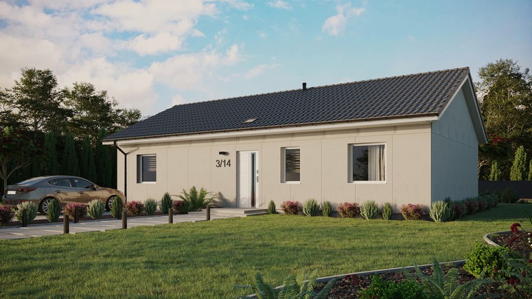 Projekt ERDOL 3 XL - Wersja lewa (salon po lewej stronie) - Dwuspadowy bez poddasza użytkowego – kąt nachylenia 25 stopni - Świetlik dachowy - Okna standardowe - Bez styropianu, siatki i kleju - Biały - Bez instalacji fotowoltaicznej