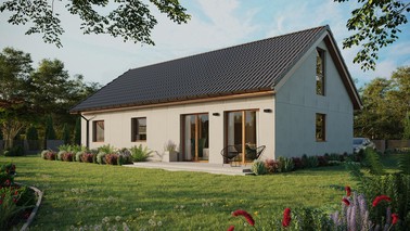 Projekt ERDOL 3 XL - Wersja lewa (salon po lewej stronie) - Dwuspadowy z poddaszem użytkowym – kąt nachylenia 35 stopni - Bez okien/świetlików dachowych - Okna na poddaszu do podłogi - Bez styropianu, siatki i kleju - Złoty dąb - Instalacja fotowoltaiczna 6,4 kWp (16 paneli)