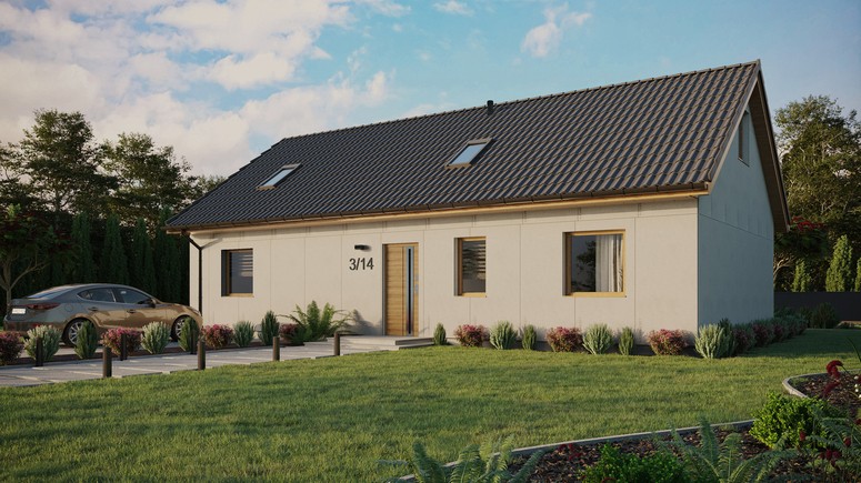 Projekt ERDOL 3 XL - Wersja lewa (salon po lewej stronie) - Dwuspadowy z poddaszem użytkowym – kąt nachylenia 35 stopni - Dwa okna dachowe pokojowe i okno dachowe łazienkowe - Okna standardowe - Bez styropianu, siatki i kleju - Winchester - Bez instalacji fotowoltaicznej