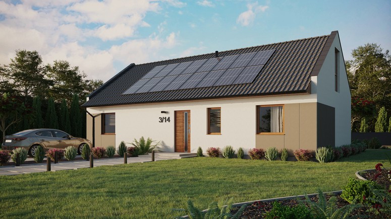 Projekt ERDOL 3 XL - Wersja lewa (salon po lewej stronie) - Dwuspadowy nowoczesny z poddaszem użytkowym – kąt nachylenia 35 stopni - Bez okien/świetlików dachowych - Okna na poddaszu do podłogi - Styropian, siatka i klej - Złoty dąb - Instalacja fotowoltaiczna 6,4 kWp (16 paneli)