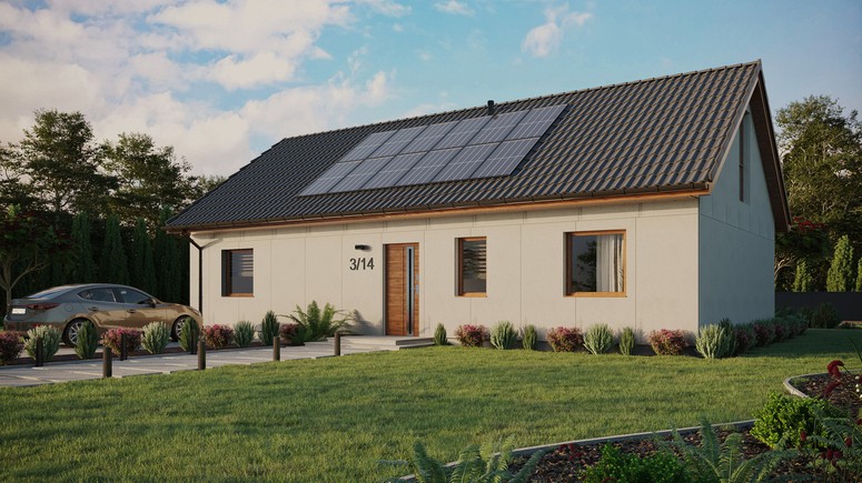 Projekt ERDOL 3 XL - Wersja lewa (salon po lewej stronie) - Dwuspadowy z poddaszem użytkowym – kąt nachylenia 35 stopni - Bez okien/świetlików dachowych - Okna na poddaszu do podłogi - Bez styropianu, siatki i kleju - Złoty dąb - Instalacja fotowoltaiczna 4,8 kWp (12 paneli)