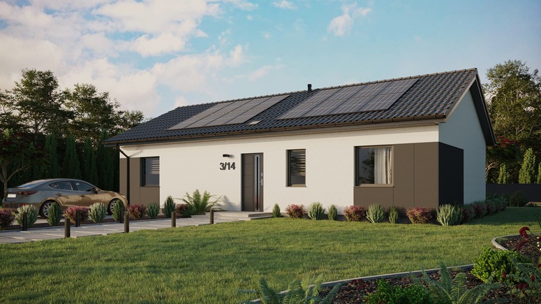 Projekt ERDOL 3 XL - Wersja lewa (salon po lewej stronie) - Dwuspadowy bez poddasza użytkowego – kąt nachylenia 25 stopni - Świetlik dachowy - Okna standardowe - Styropian, siatka i klej - Antracyt - Instalacja fotowoltaiczna 6,4 kWp (16 paneli)