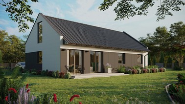 Projekt ERDOL 3 XL - Wersja prawa (salon po prawej stronie) - Dwuspadowy nowoczesny z poddaszem użytkowym – kąt nachylenia 35 stopni - Bez okien/świetlików dachowych - Okna na poddaszu do podłogi - Styropian, siatka i klej - Antracyt - Bez instalacji fotowoltaicznej