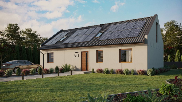 Projekt ERDOL 3 XL - Wersja lewa (salon po lewej stronie) - Dwuspadowy nowoczesny z poddaszem użytkowym – kąt nachylenia 35 stopni - Dwa okna dachowe pokojowe - Okno balkonowe w jadalni i okna na poddaszu do podłogi - Bez styropianu, siatki i kleju - Złoty dąb - Instalacja fotowoltaiczna 8,0 kWp (20 paneli)