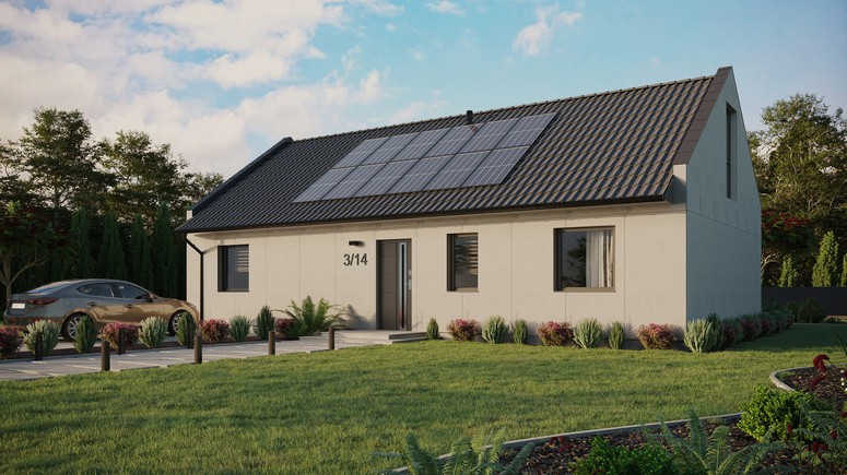 Projekt ERDOL 3 XL - Wersja lewa (salon po lewej stronie) - Dwuspadowy nowoczesny z poddaszem użytkowym – kąt nachylenia 35 stopni - Bez okien/świetlików dachowych - Okna na poddaszu do podłogi - Bez styropianu, siatki i kleju - Antracyt - Instalacja fotowoltaiczna 4,8 kWp (12 paneli)