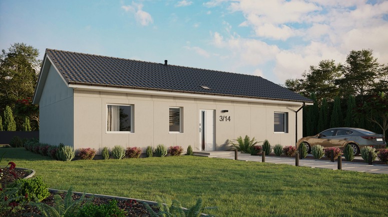 Projekt ERDOL 3 XL - Wersja prawa (salon po prawej stronie) - Dwuspadowy bez poddasza użytkowego – kąt nachylenia 25 stopni - Świetlik dachowy - Okno balkonowe w jadalni - Bez styropianu, siatki i kleju - Biały - Bez instalacji fotowoltaicznej