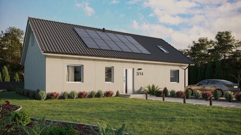 Projekt ERDOL 3 XL - Wersja prawa (salon po prawej stronie) - Dwuspadowy z poddaszem użytkowym – kąt nachylenia 35 stopni - Okno dachowe pokojowe i łazienkowe - Okna standardowe - Bez styropianu, siatki i kleju - Biały - Instalacja fotowoltaiczna 4,8 kWp (12 paneli)