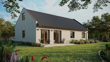 Projekt ERDOL 3 XL - Wersja prawa (salon po prawej stronie) - Dwuspadowy nowoczesny z poddaszem użytkowym – kąt nachylenia 35 stopni - Bez okien/świetlików dachowych - Okna standardowe - Bez styropianu, siatki i kleju - Orzech - Bez instalacji fotowoltaicznej