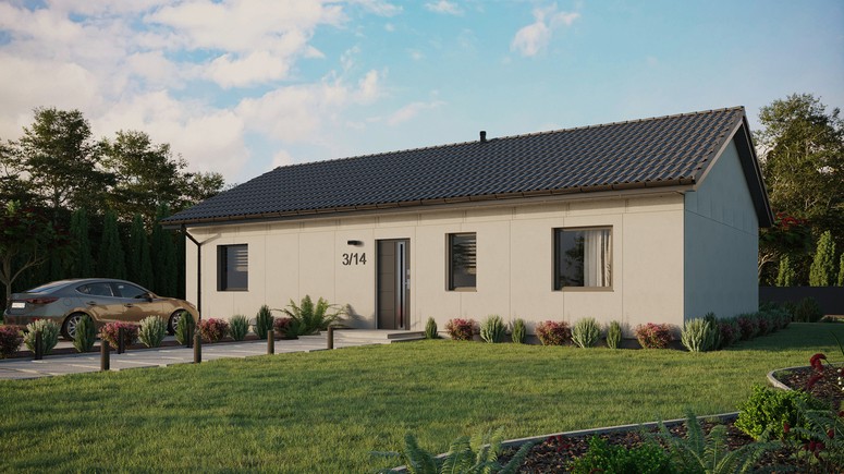 Projekt ERDOL 3 XL - Wersja lewa (salon po lewej stronie) - Dwuspadowy bez poddasza użytkowego – kąt nachylenia 25 stopni - Bez okien/świetlików dachowych - Okna standardowe - Bez styropianu, siatki i kleju - Antracyt - Bez instalacji fotowoltaicznej