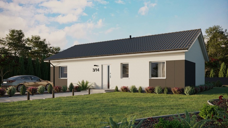 Projekt ERDOL 3 XL - Wersja lewa (salon po lewej stronie) - Dwuspadowy bez poddasza użytkowego – kąt nachylenia 25 stopni - Bez okien/świetlików dachowych - Okna standardowe - Styropian, siatka i klej - Biały - Bez instalacji fotowoltaicznej