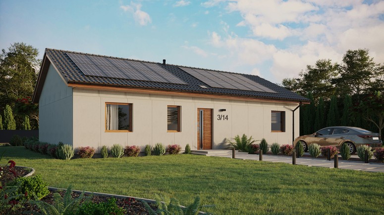 Projekt ERDOL 3 XL - Wersja prawa (salon po prawej stronie) - Dwuspadowy bez poddasza użytkowego – kąt nachylenia 25 stopni - Świetlik dachowy - Okna standardowe - Bez styropianu, siatki i kleju - Złoty dąb - Instalacja fotowoltaiczna 8,0 kWp (20 paneli)