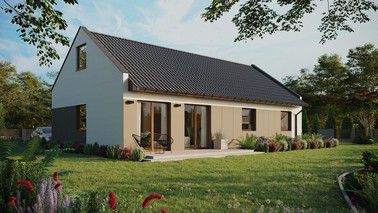 Projekt ERDOL 3 XL - Wersja prawa (salon po prawej stronie) - Dwuspadowy nowoczesny z poddaszem użytkowym – kąt nachylenia 35 stopni - Bez okien/świetlików dachowych - Okna standardowe - Styropian, siatka i klej - Orzech - Bez instalacji fotowoltaicznej