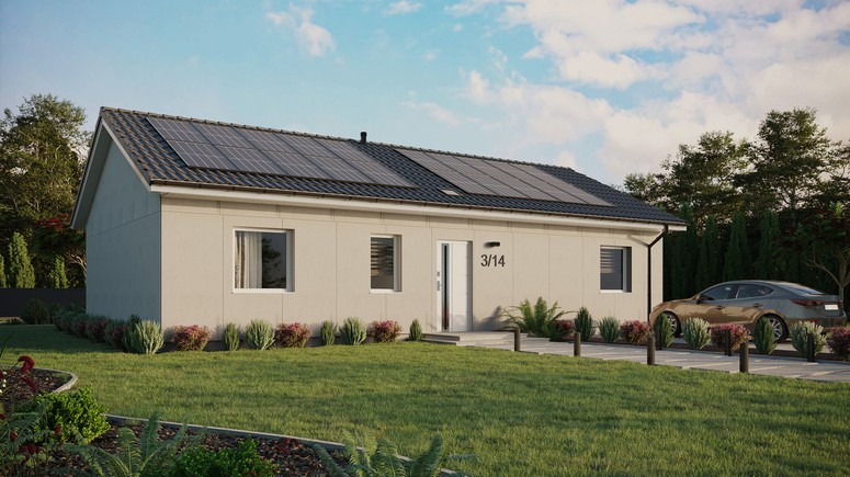Projekt ERDOL 3 XL - Wersja prawa (salon po prawej stronie) - Dwuspadowy bez poddasza użytkowego – kąt nachylenia 25 stopni - Świetlik dachowy - Okna standardowe - Bez styropianu, siatki i kleju - Biały - Instalacja fotowoltaiczna 8,0 kWp (20 paneli)