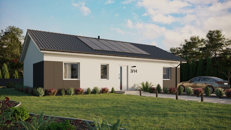 Projekt ERDOL 3 XL - Wersja prawa (salon po prawej stronie) - Dwuspadowy bez poddasza użytkowego – kąt nachylenia 25 stopni - Bez okien/świetlików dachowych - Okna standardowe - Styropian, siatka i klej - Biały - Instalacja fotowoltaiczna 4,8 kWp (12 paneli)