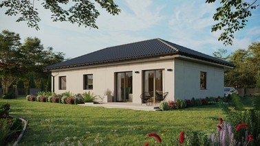 Projekt ERDOL 3 XL - Wersja lewa (salon po lewej stronie) - Czterospadowy bez poddasza użytkowego – kąt nachylenia 25 stopni - Bez okien/świetlików dachowych - Okna standardowe - Bez styropianu, siatki i kleju - Antracyt