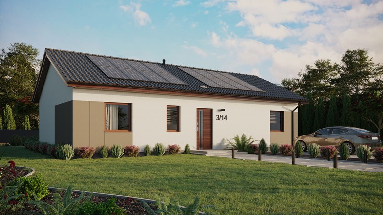 Projekt ERDOL 3 XL - Wersja prawa (salon po prawej stronie) - Dwuspadowy bez poddasza użytkowego – kąt nachylenia 25 stopni - Świetlik dachowy - Okna standardowe - Styropian, siatka i klej - Orzech - Instalacja fotowoltaiczna 6,4 kWp (16 paneli)