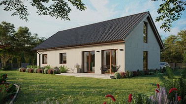 Projekt ERDOL 3 XL - Wersja lewa (salon po lewej stronie) - Dwuspadowy z poddaszem użytkowym – kąt nachylenia 35 stopni - Bez okien/świetlików dachowych - Okno balkonowe w jadalni i okna na poddaszu do podłogi - Bez styropianu, siatki i kleju - Orzech - Bez instalacji fotowoltaicznej