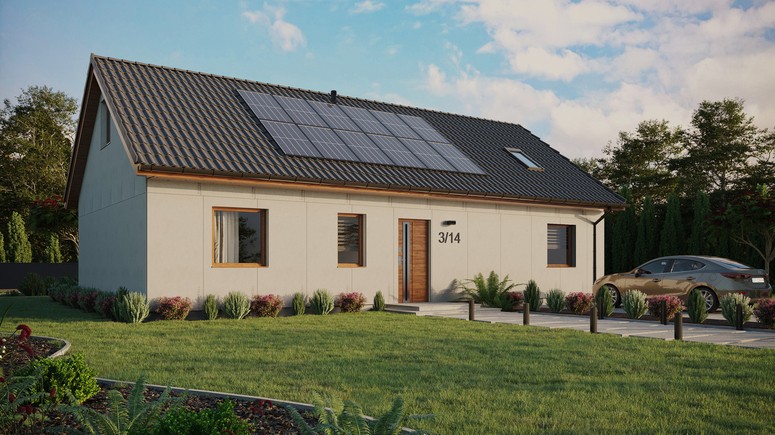 Projekt ERDOL 3 XL - Wersja prawa (salon po prawej stronie) - Dwuspadowy z poddaszem użytkowym – kąt nachylenia 35 stopni - Okno dachowe pokojowe i łazienkowe - Okna standardowe - Bez styropianu, siatki i kleju - Złoty dąb - Instalacja fotowoltaiczna 4,8 kWp (12 paneli)