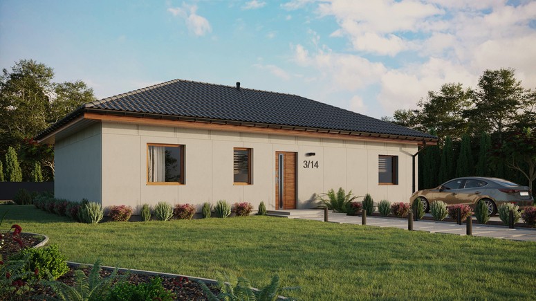 Projekt ERDOL 3 XL - Wersja prawa (salon po prawej stronie) - Czterospadowy bez poddasza użytkowego – kąt nachylenia 25 stopni - Bez okien/świetlików dachowych - Okna standardowe - Bez styropianu, siatki i kleju - Złoty dąb