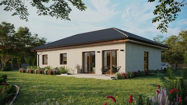 Projekt ERDOL 3 XL - Wersja lewa (salon po lewej stronie) - Czterospadowy bez poddasza użytkowego – kąt nachylenia 25 stopni - Bez okien/świetlików dachowych - Okno balkonowe w jadalni - Bez styropianu, siatki i kleju - Orzech