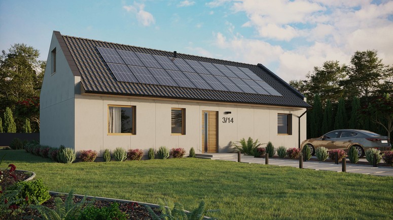 Projekt ERDOL 3 XL - Wersja prawa (salon po prawej stronie) - Dwuspadowy nowoczesny z poddaszem użytkowym – kąt nachylenia 35 stopni - Bez okien/świetlików dachowych - Okno balkonowe w jadalni - Bez styropianu, siatki i kleju - Winchester - Instalacja fotowoltaiczna 8,0 kWp (20 paneli)