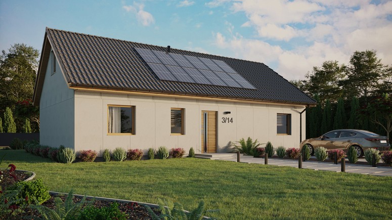 Projekt ERDOL 3 XL - Wersja prawa (salon po prawej stronie) - Dwuspadowy z poddaszem użytkowym – kąt nachylenia 35 stopni - Bez okien/świetlików dachowych - Okna standardowe - Bez styropianu, siatki i kleju - Winchester - Instalacja fotowoltaiczna 4,8 kWp (12 paneli)