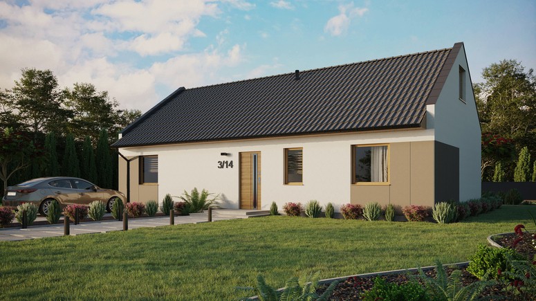 Projekt ERDOL 3 XL - Wersja lewa (salon po lewej stronie) - Dwuspadowy nowoczesny z poddaszem użytkowym – kąt nachylenia 35 stopni - Bez okien/świetlików dachowych - Okna standardowe - Styropian, siatka i klej - Winchester - Bez instalacji fotowoltaicznej