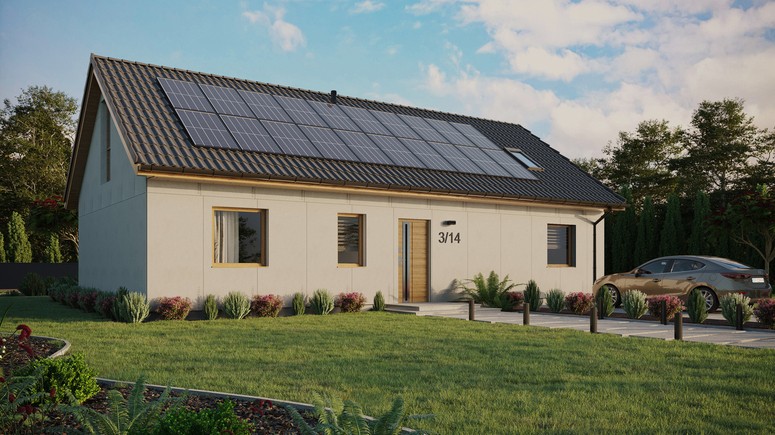 Projekt ERDOL 3 XL - Wersja prawa (salon po prawej stronie) - Dwuspadowy z poddaszem użytkowym – kąt nachylenia 35 stopni - Okno dachowe pokojowe i łazienkowe - Okna na poddaszu do podłogi - Bez styropianu, siatki i kleju - Winchester - Instalacja fotowoltaiczna 8,0 kWp (20 paneli)