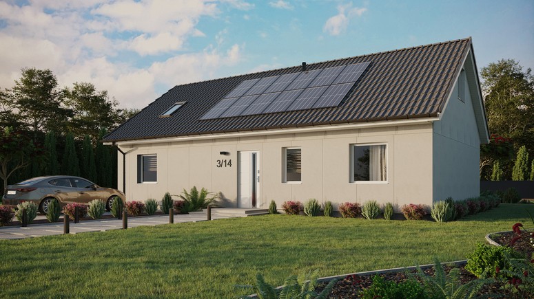 Projekt ERDOL 3 XL - Wersja lewa (salon po lewej stronie) - Dwuspadowy z poddaszem użytkowym – kąt nachylenia 35 stopni - Okno dachowe pokojowe i łazienkowe - Okna standardowe - Bez styropianu, siatki i kleju - Biały - Instalacja fotowoltaiczna 4,8 kWp (12 paneli)