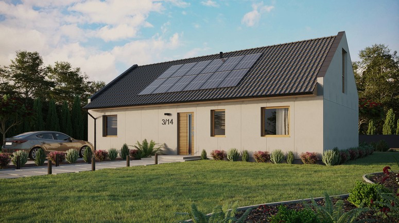 Projekt ERDOL 3 XL - Wersja lewa (salon po lewej stronie) - Dwuspadowy nowoczesny z poddaszem użytkowym – kąt nachylenia 35 stopni - Bez okien/świetlików dachowych - Okna na poddaszu do podłogi - Bez styropianu, siatki i kleju - Winchester - Instalacja fotowoltaiczna 4,8 kWp (12 paneli)