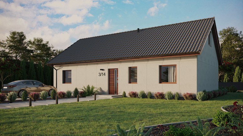 Projekt ERDOL 3 XL - Wersja lewa (salon po lewej stronie) - Dwuspadowy z poddaszem użytkowym – kąt nachylenia 35 stopni - Bez okien/świetlików dachowych - Okna standardowe - Bez styropianu, siatki i kleju - Orzech - Bez instalacji fotowoltaicznej