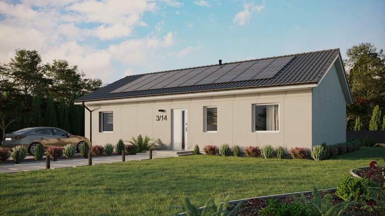 Projekt ERDOL 3 XL - Wersja lewa (salon po lewej stronie) - Dwuspadowy bez poddasza użytkowego – kąt nachylenia 25 stopni - Bez okien/świetlików dachowych - Okna standardowe - Bez styropianu, siatki i kleju - Biały - Instalacja fotowoltaiczna 8,0 kWp (20 paneli)